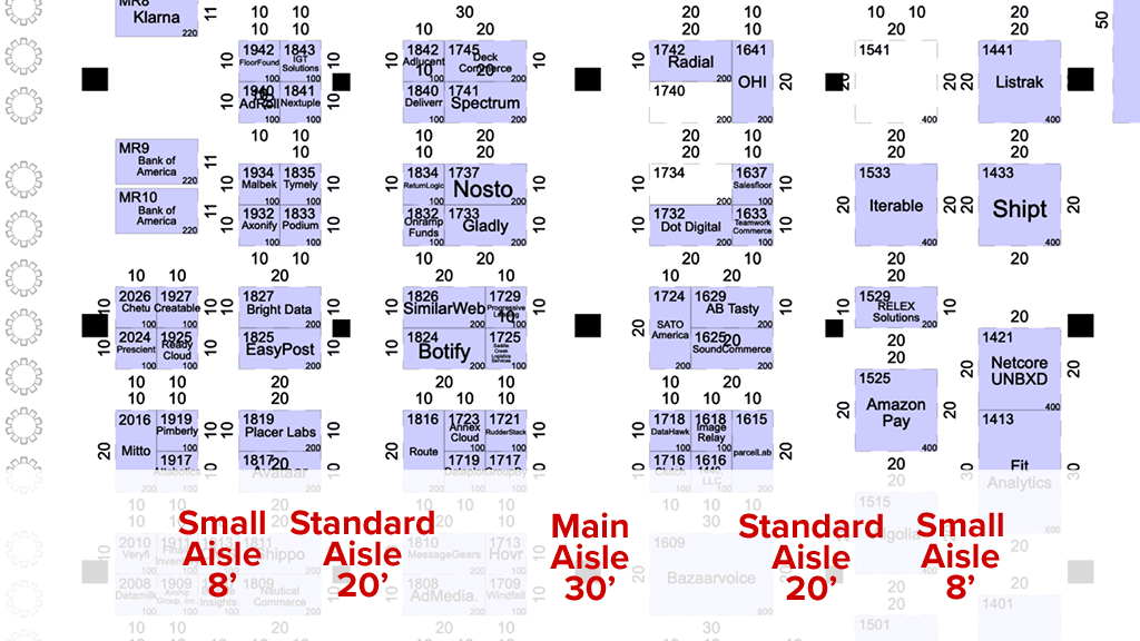 Floorplan showing various aisle witdths.