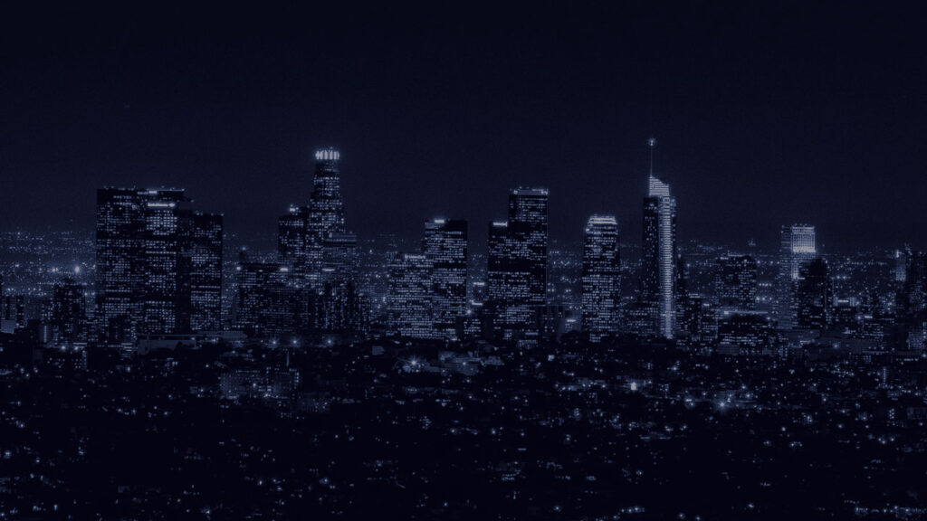 Skyline of downtown Los Angeles, with a dark blue filter.