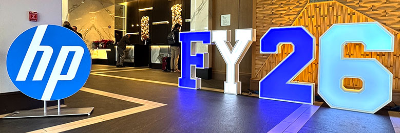 Hotel lobby decorations for HP FY26 annual sales kickoff.