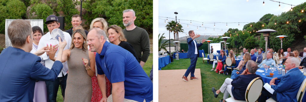 Joe Skilton performs strolling mentalism and on stage at a leadership retreat.